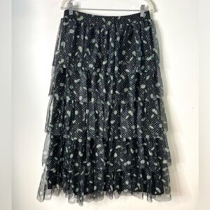 Cato Tulle Navy Midi Skirt Tiered Floral Metallic SZ M  EUC